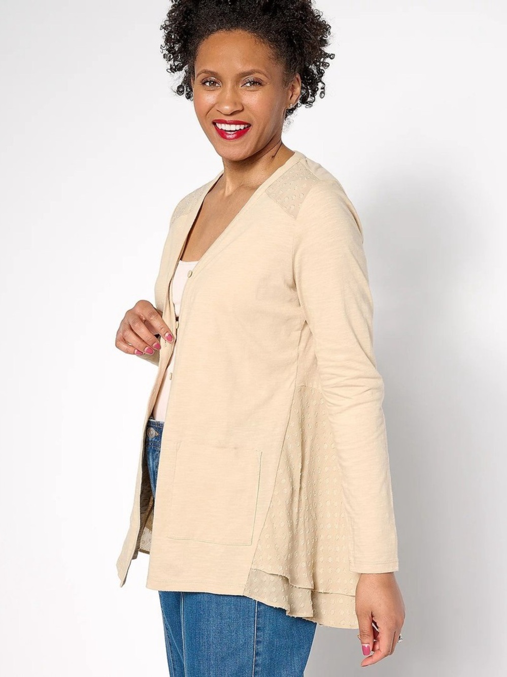 LOGO by Lori Goldstein Neutral Beige Open-Front Cardigan